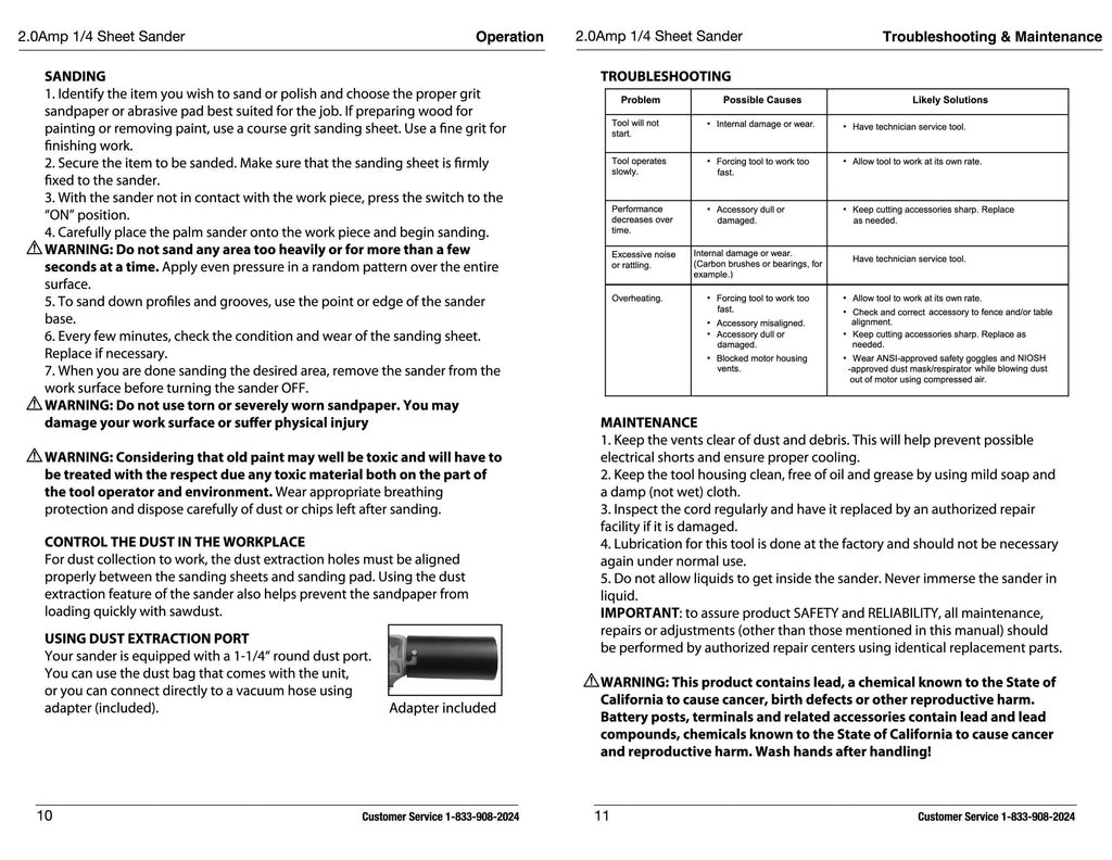 2 Amp Corded 1/4 Sheet Palm Sander with Dust Bag, Vacuum Hose Adapter, Punch Plate & 3 Sanding Sheets, New Condition