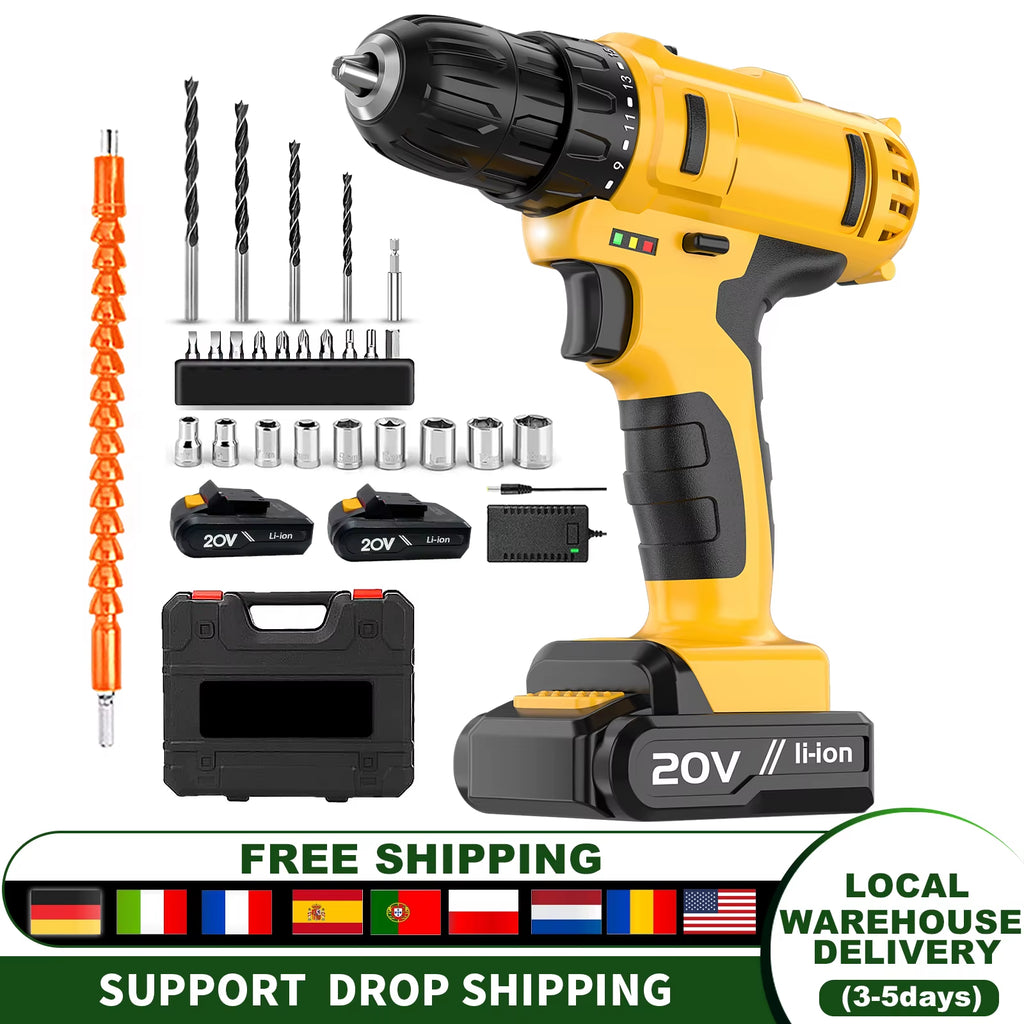 20V Cordless Drill Set Electric Screwdriver Mini DIY Tools Variable Speed Brushed Motor Power Source Battery Local US Warehouse