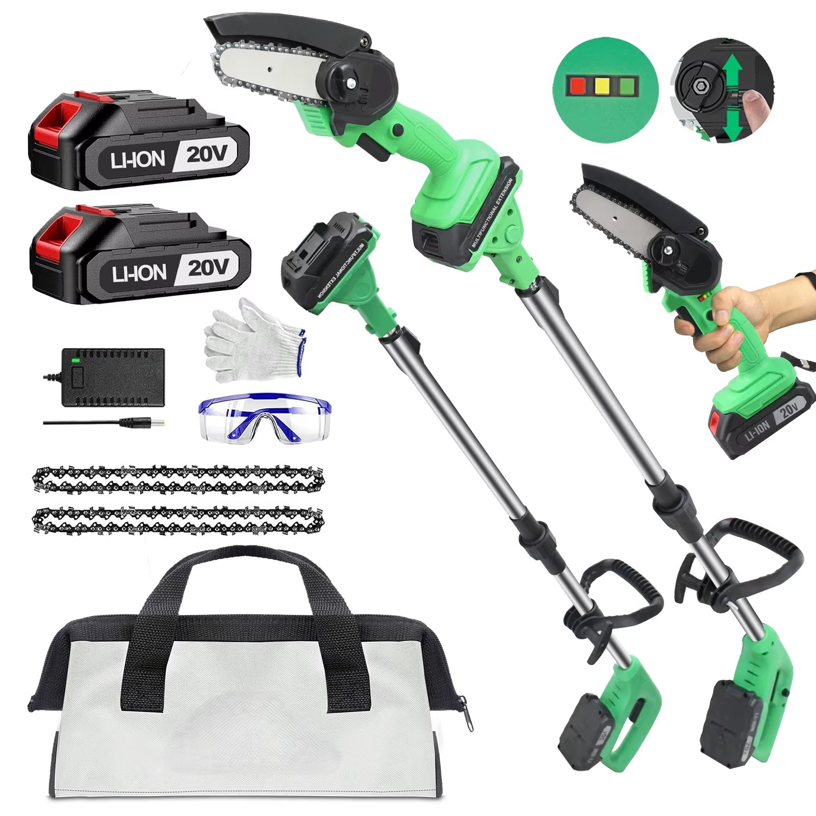 20V 4 Inch Industrial Cordless Pole Saw & Mini Chainsaw Long Pole DIY Grade for Wood Cutting Local US Warehouse