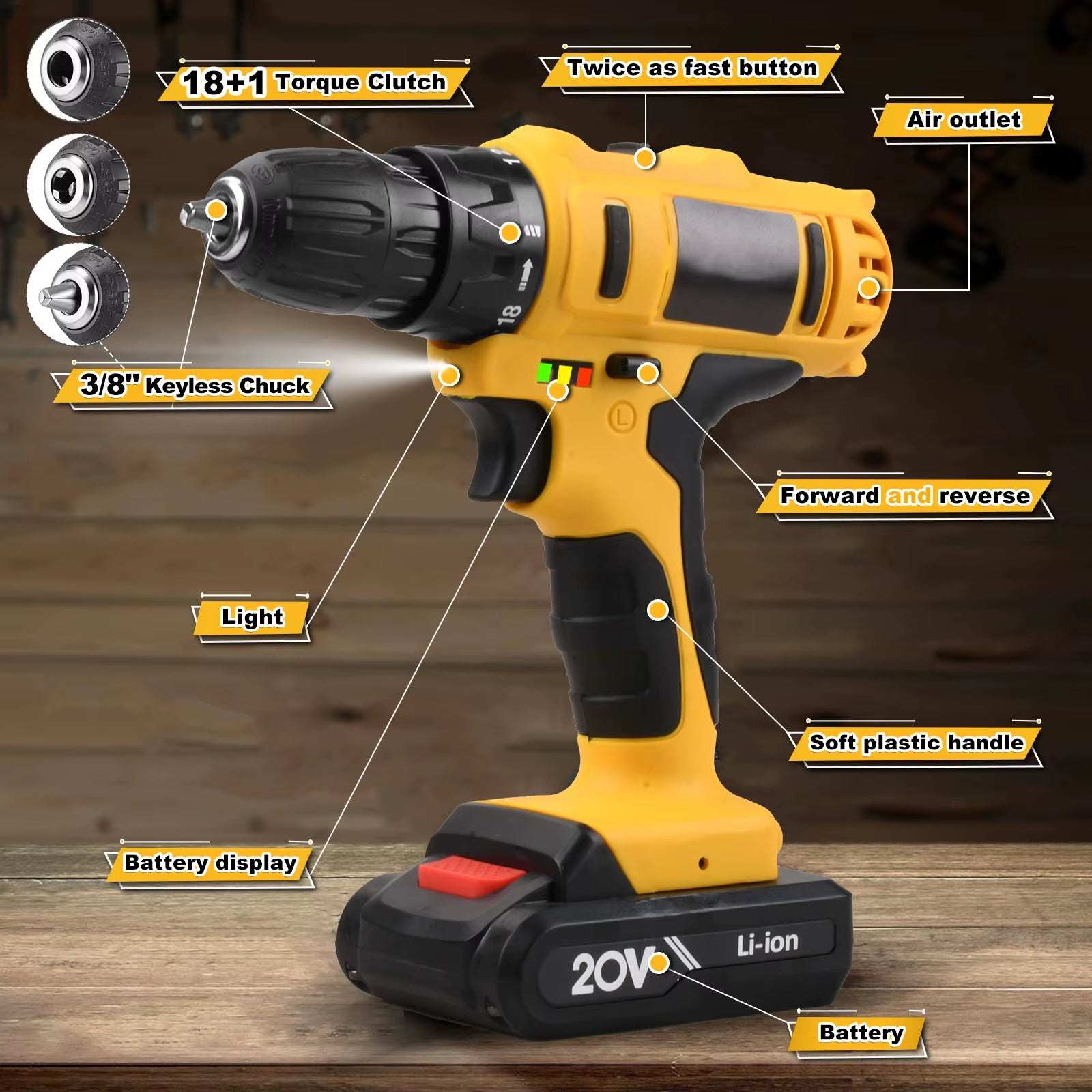 20V Cordless Drill Set Electric Screwdriver Mini DIY Tools Variable Speed Brushed Motor Power Source Battery Local US Warehouse