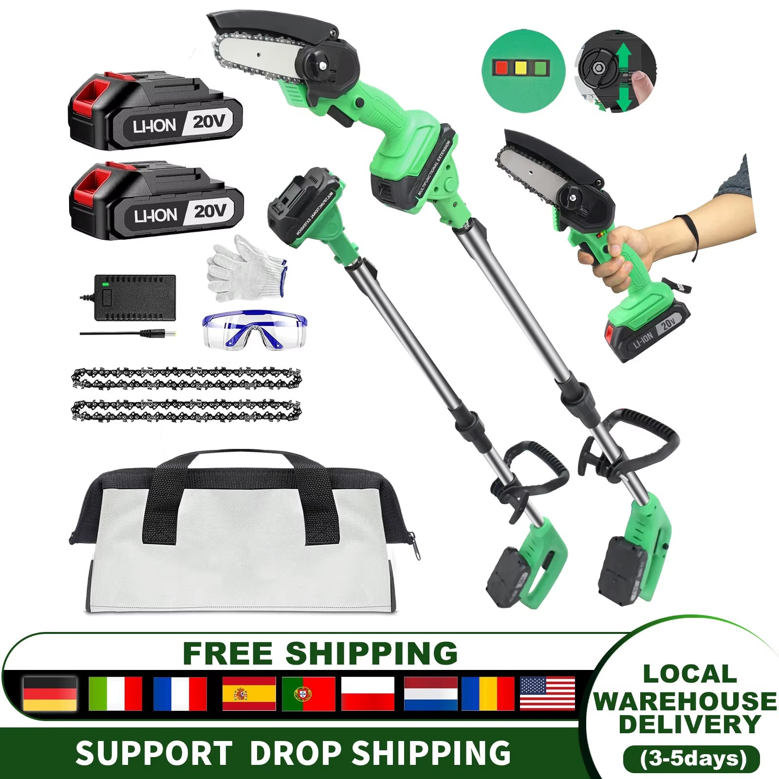 20V 4 Inch Industrial Cordless Pole Saw & Mini Chainsaw Long Pole DIY Grade for Wood Cutting Local US Warehouse