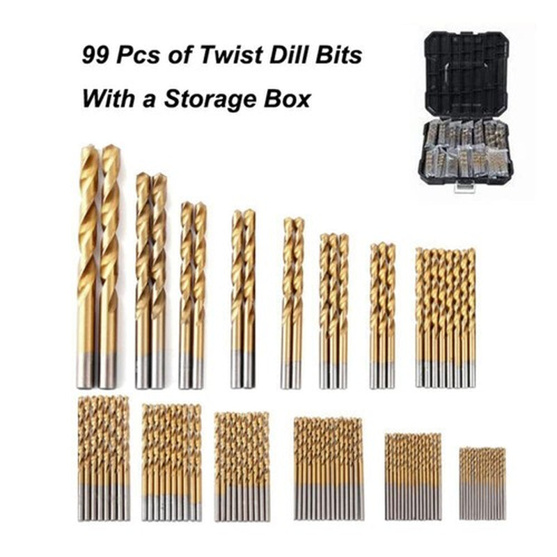 99 PCS HSS 135° TIP TITANIUM COATED TWIST DRILL BIT SET 1.5-10MM IRON BOX