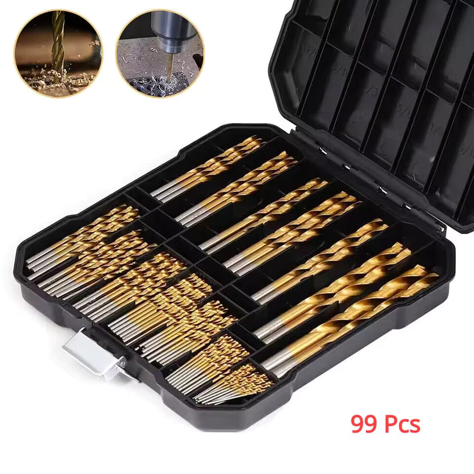 99 PCS HSS 135° TIP TITANIUM COATED TWIST DRILL BIT SET 1.5-10MM IRON BOX