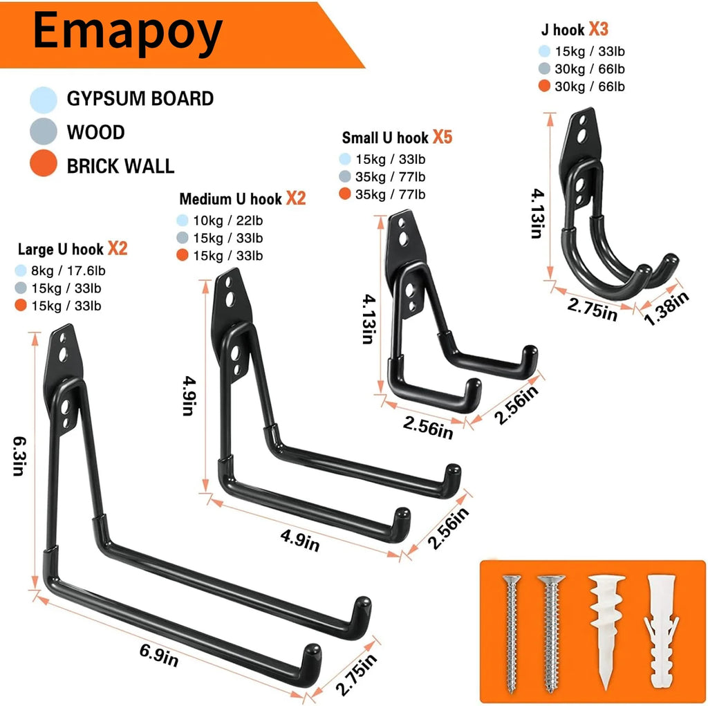 12 Pcs Garage Hooks, Heavy Duty Wall Hooks, for Organizing Power Tools, Ladders, Bulk Items